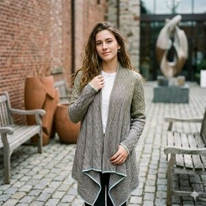 SUNDANCE Boho Waterfall Cardigan Medium Neutral Linen Blend Draped Open Knit